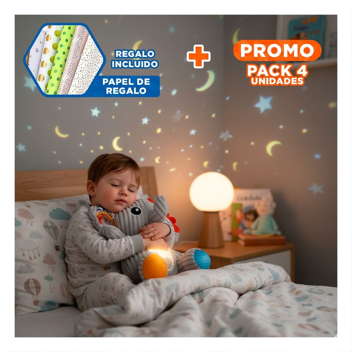 PACK4 FIGURA EN FORMA DE ELEFANTE EN COLOR PLOMO CON SISTEMA PROYECTOR Y+PAPEL REGALO - 1