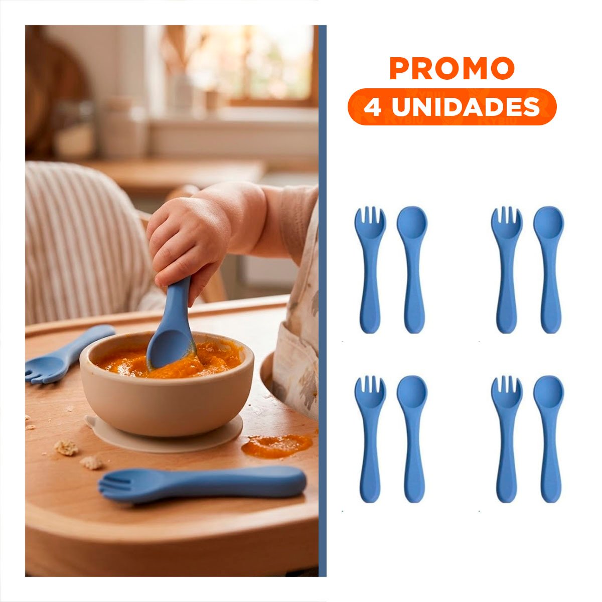 PACK4 JUEGO DE CUBIERTOS EN COLOR AZUL EN SILICONA INFANTIL Y+REGALO STICKER - 1