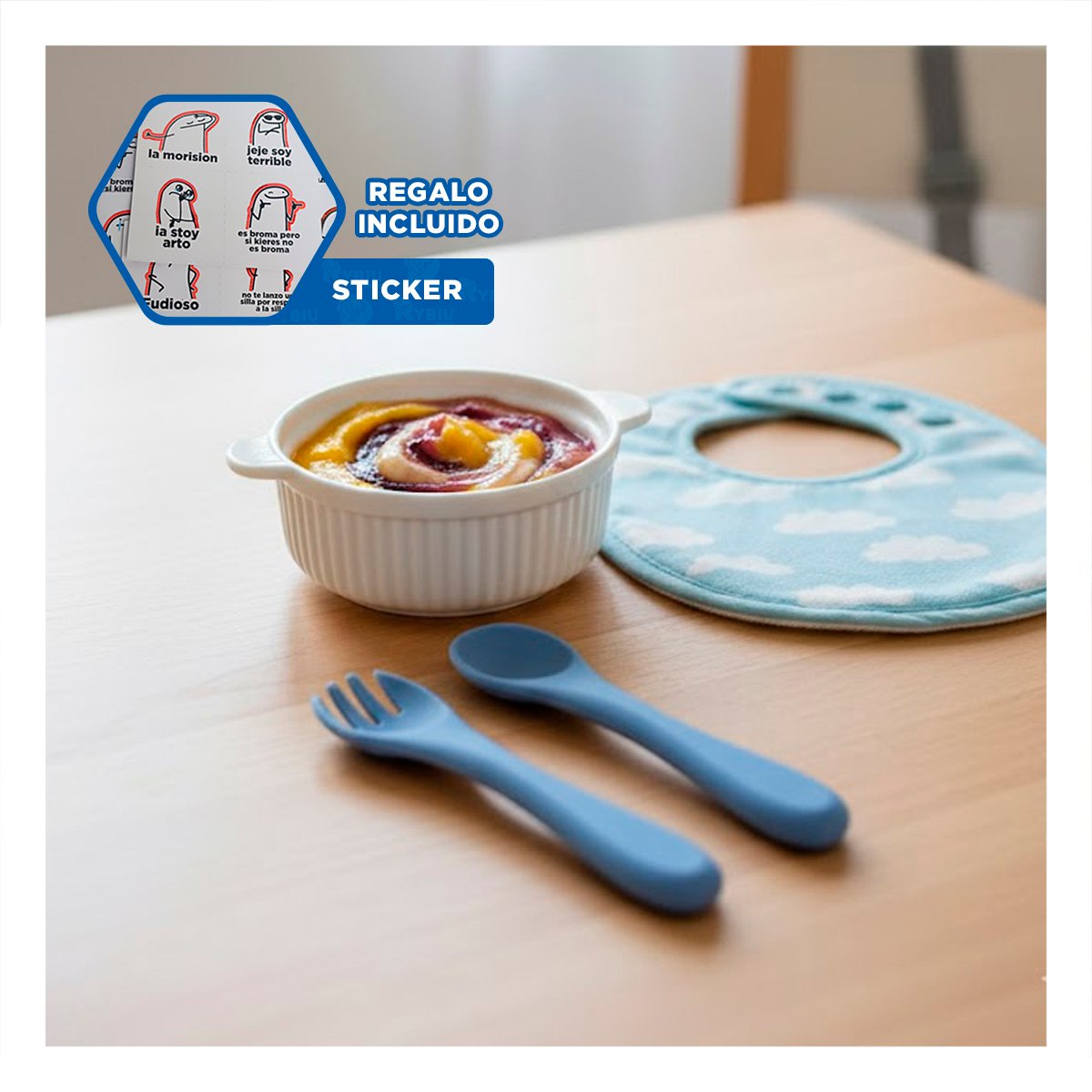JUEGO INFANTIL EN COLOR AZUL CON CUBIERTOS EN SILICONA Y+REGALO STICKER - 1