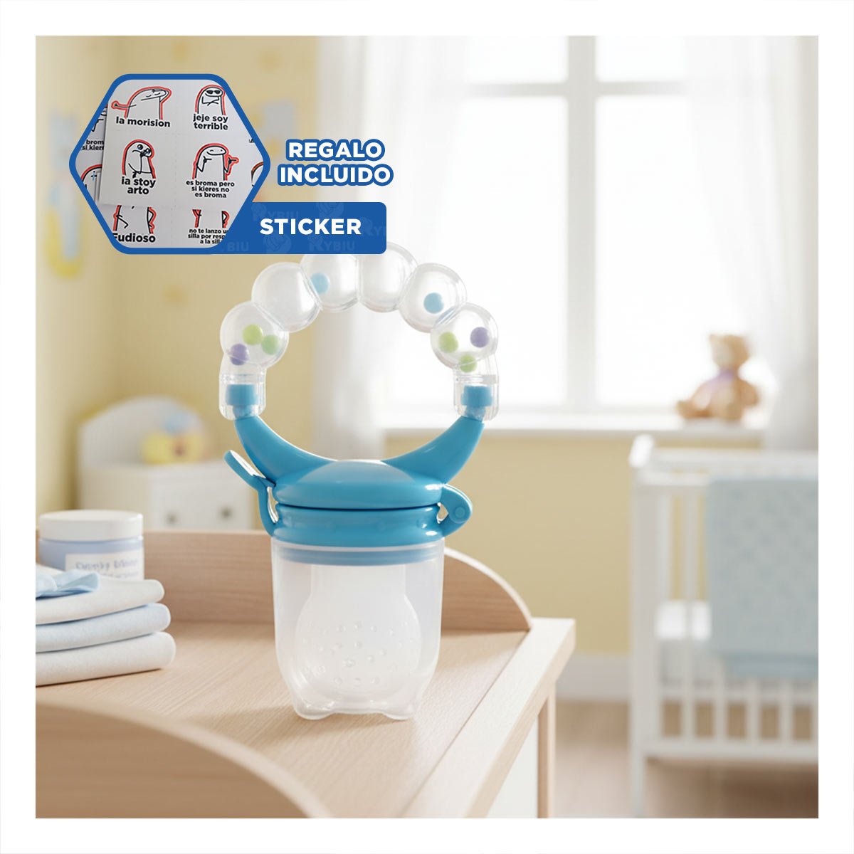 ALIMENTADOR EN COLOR BLANCO CON SILICONA SEGURA Y BOLITAS INTEGRADAS Y+REGALO STICKER - 1