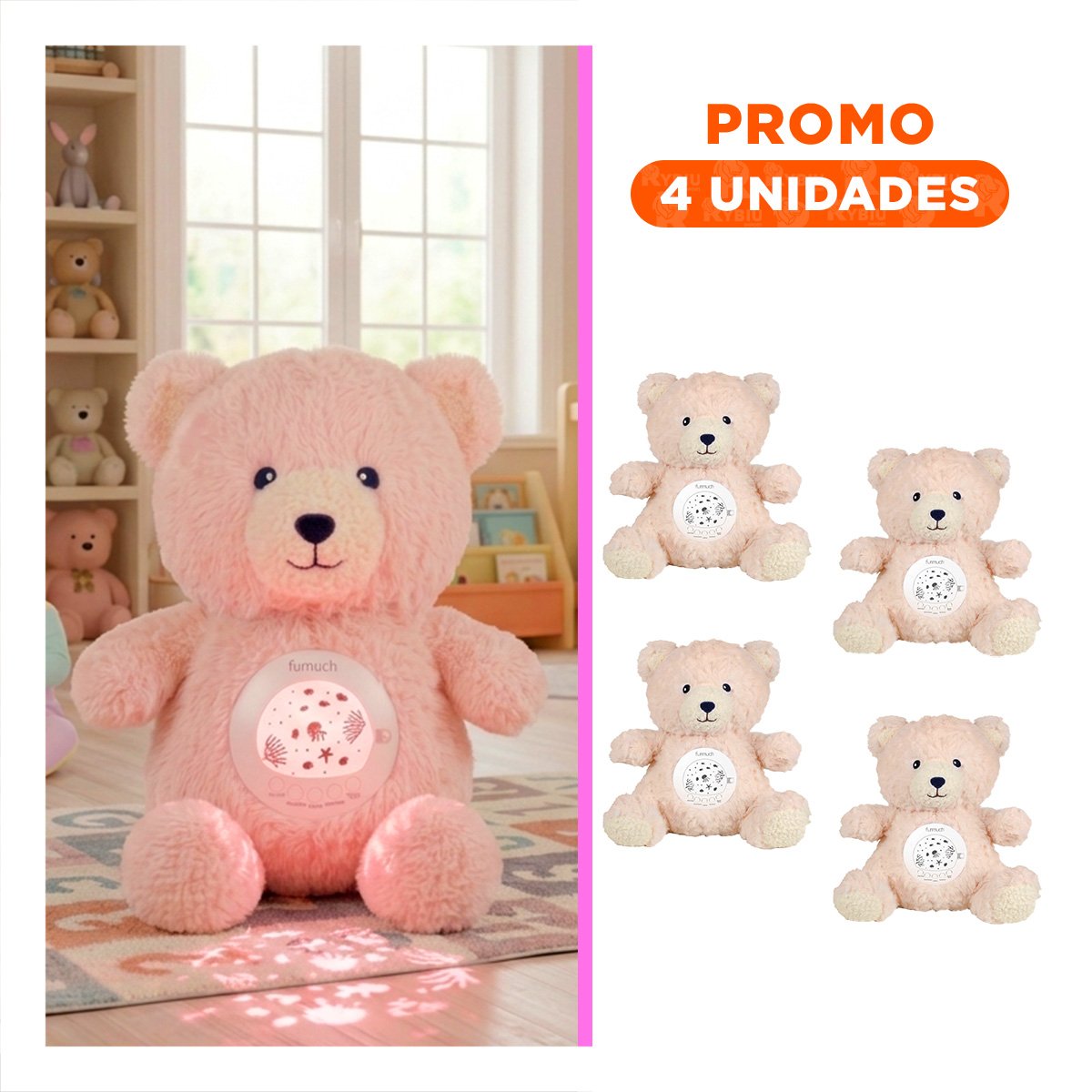 PACK4 FIGURA DE EN FORMA DE OSO CON PROYECTOR NOCTURNO EN COLOR BEIGE Y+REGALO STICKER - 1