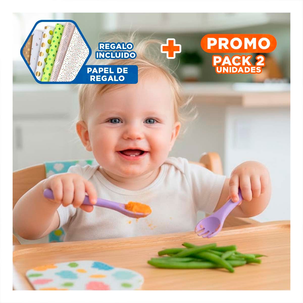 PACK2 SET DE CUCHARA Y TENEDOR INFANTIL EN COLOR MORADO MATERIAL SILICONA Y+PAPEL REGALO - 1