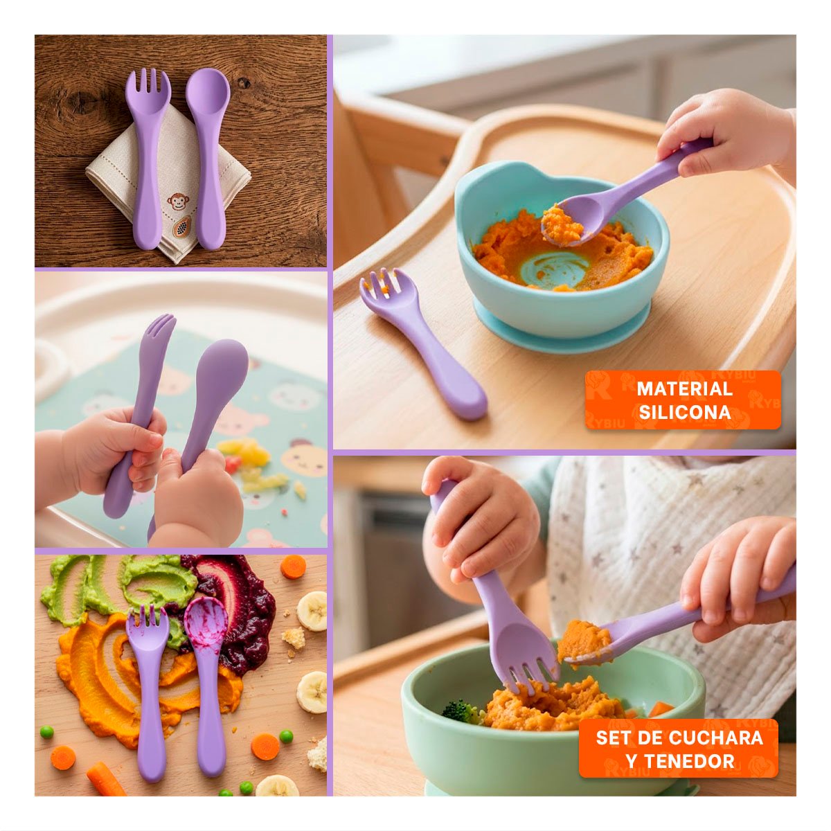PACK2 SET DE CUCHARA Y TENEDOR INFANTIL EN COLOR MORADO MATERIAL SILICONA Y+PAPEL REGALO - 3