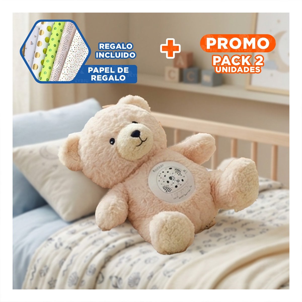 PACK2 FIGURA SUAVE EN FORMA DE OSO EN COLOR BEIGE CON PROYECTOR Y+PAPEL REGALO - 1