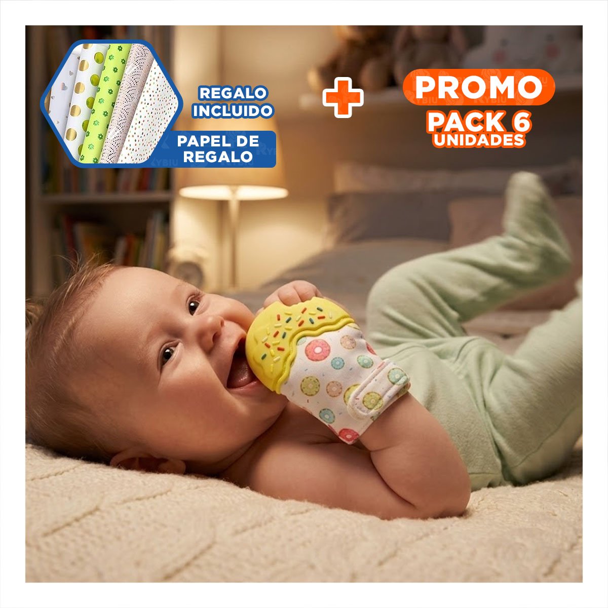 PACK6 MANOPLA MORDEDORA EN FORMA DE DONA EN COLOR AMARILLO INFANTIL Y+PAPEL REGALO - 1