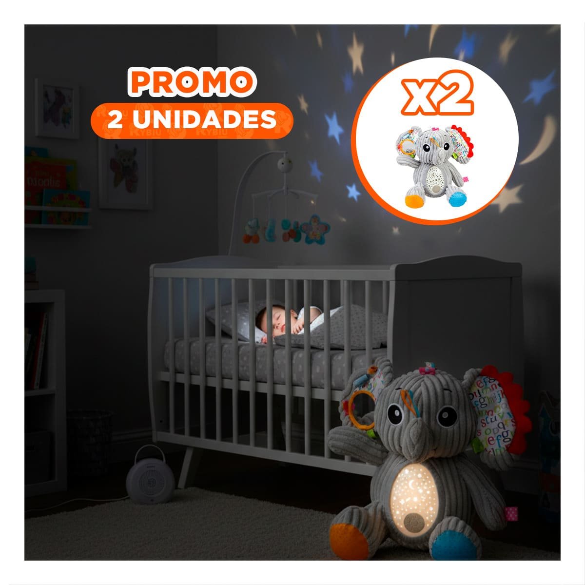 PACK2 PELUCHEDE ELEFANTE PLOMO CON PROYECCION DE LUZ Y SONIDO CALMANTE Y+REGALO STICKER - 1