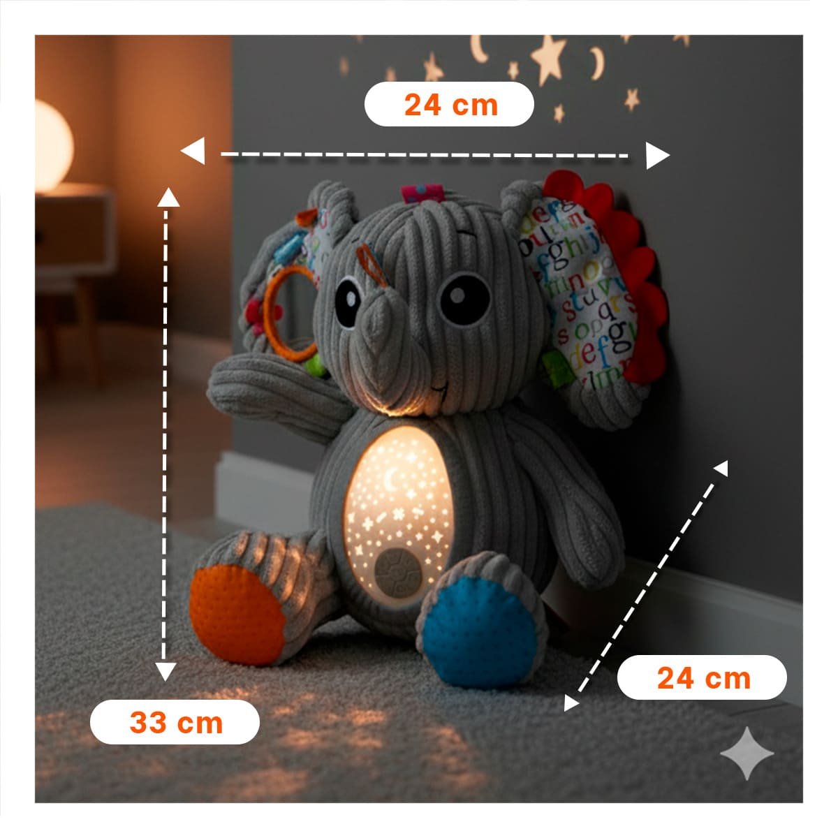 PACK2 PELUCHEDE ELEFANTE PLOMO CON PROYECCION DE LUZ Y SONIDO CALMANTE Y+REGALO STICKER - 4