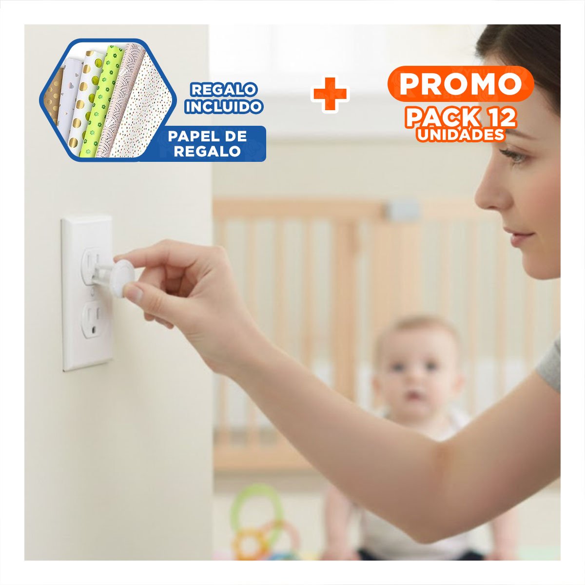 PACK12 TAPA DE ENCHUFE EN FORMA CIRCULAR EN COLOR BLANCO DE 3,3CM Y+PAPEL REGALO - 1