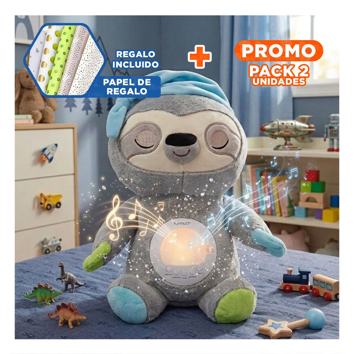 PACK2 FIGURA SUAVE EN FORMA DE OSO PEREZOSO EN COLOR PLOMO CON PROYECTOR Y+PAPEL REGALO - 1
