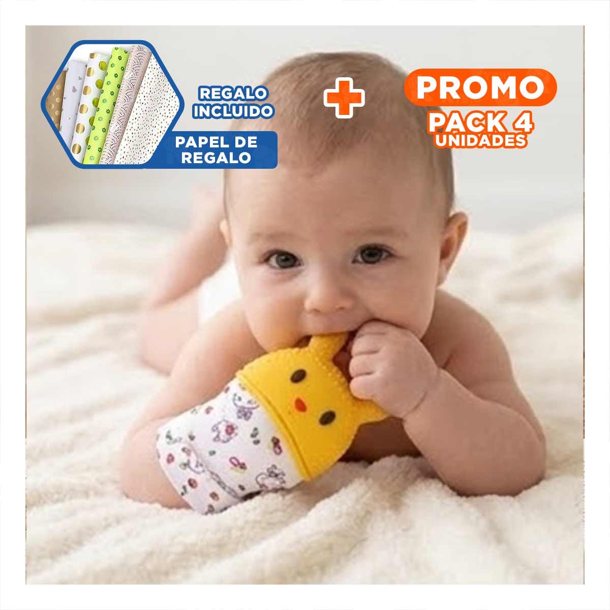 PACK4 GUANTE MORDEDOR SUAVE EN COLOR AMARILLO TIPO FORMA DE CONEJO INFANTIL Y+PAPEL REGALO - 1