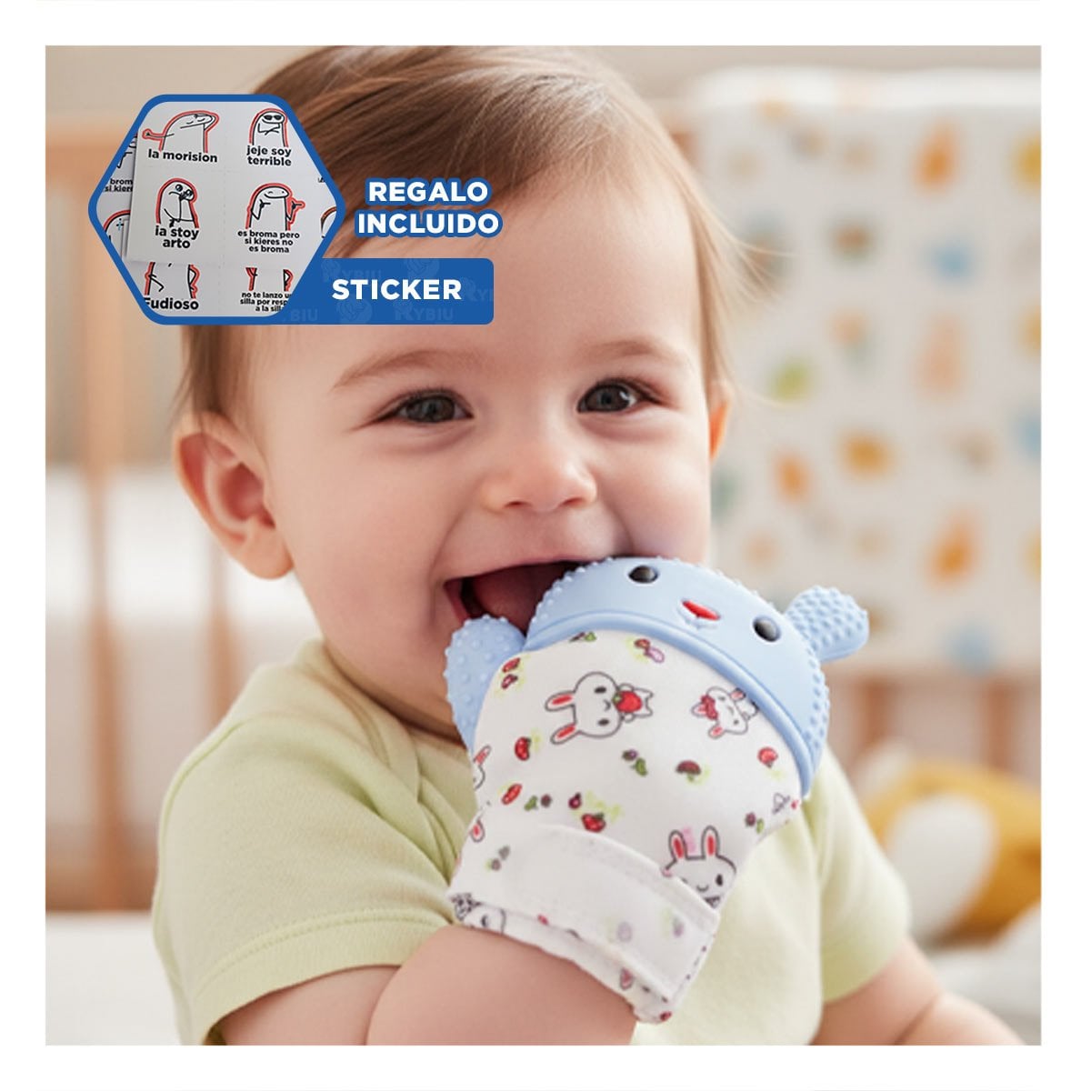 MORDEDOR EN FORMA FORMA DE CONEJO EN COLOR CELESTE PARA ESTIMULACION Y+REGALO STICKER - 1