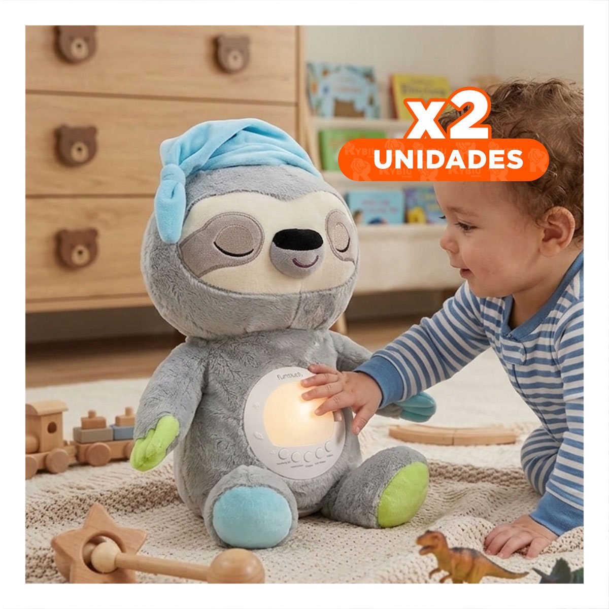 PACK2 PELUCHE DE OSO PEREZOSO PLOMO CON PROYECCION DE LUZ Y SONIDO CALMANTE Y+REGALO STICKER - 1