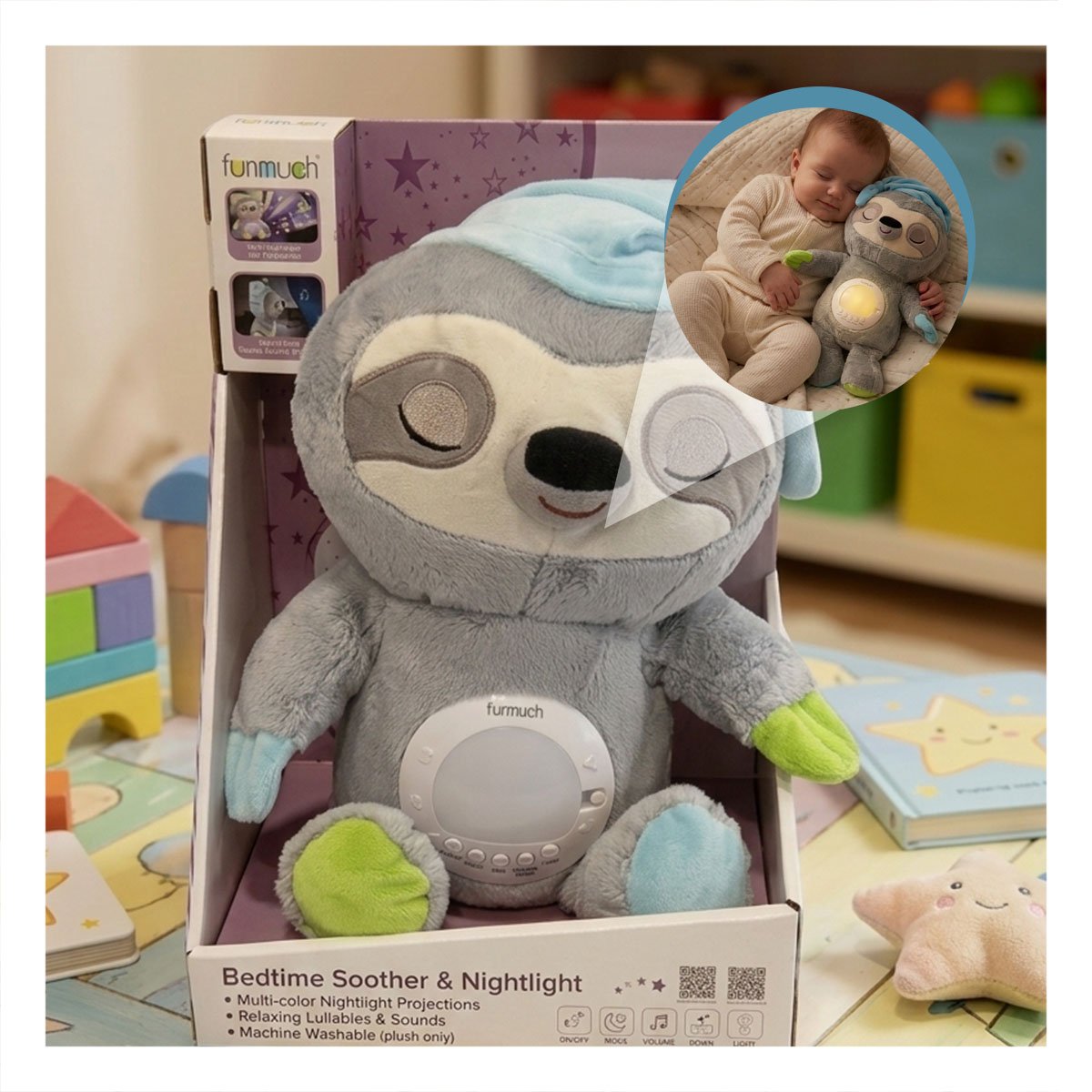 PACK2 PELUCHE DE OSO PEREZOSO PLOMO CON PROYECCION DE LUZ Y SONIDO CALMANTE Y+REGALO STICKER - 5