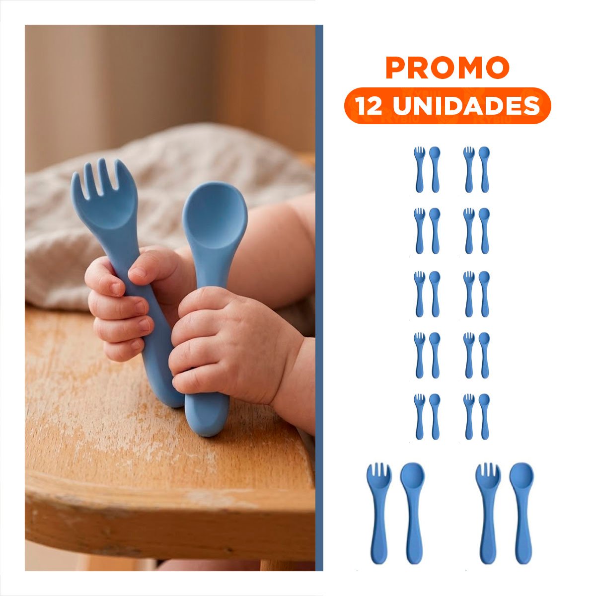 PACK12 KIT DE SILICONA EN COLOR AZUL CON CUCHARA Y TENEDOR Y+REGALO STICKER - 1