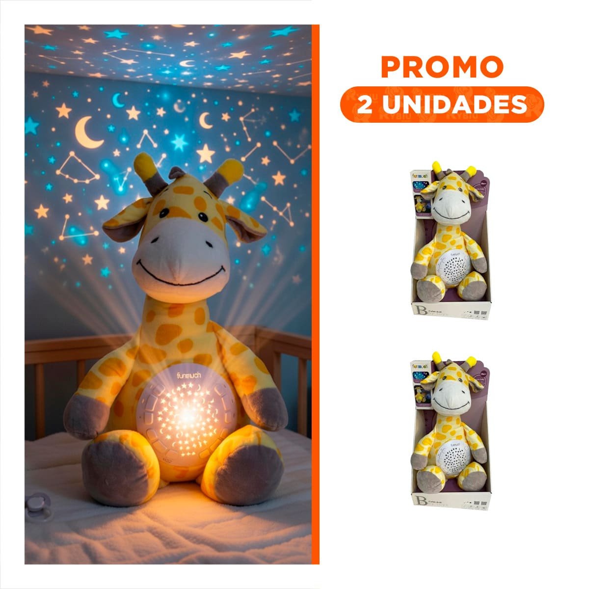 PACK2 PELUCHE EN FORMA DE JIRAFA CON SONIDO AMBIENTAL Y PROYECTOR EN COLOR AMARILLO - 1