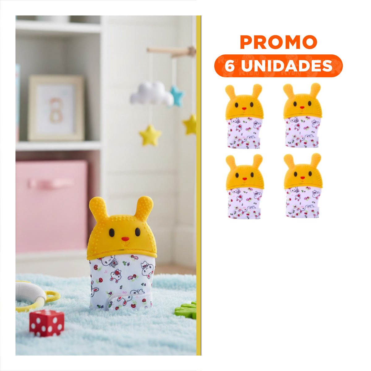 PACK6 MANOPLA INFANTIL EN COLOR AMARILLO CON FORMA DE CONEJO MORDEDORA Y+REGALO STICKER - 1