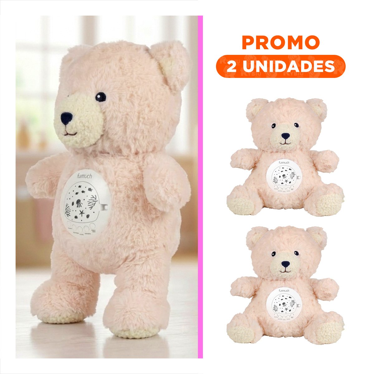 PACK2 PELUCHE EN FORMA DE OSO CON SONIDO AMBIENTAL Y PROYECTOR EN COLOR BEIGE - 1