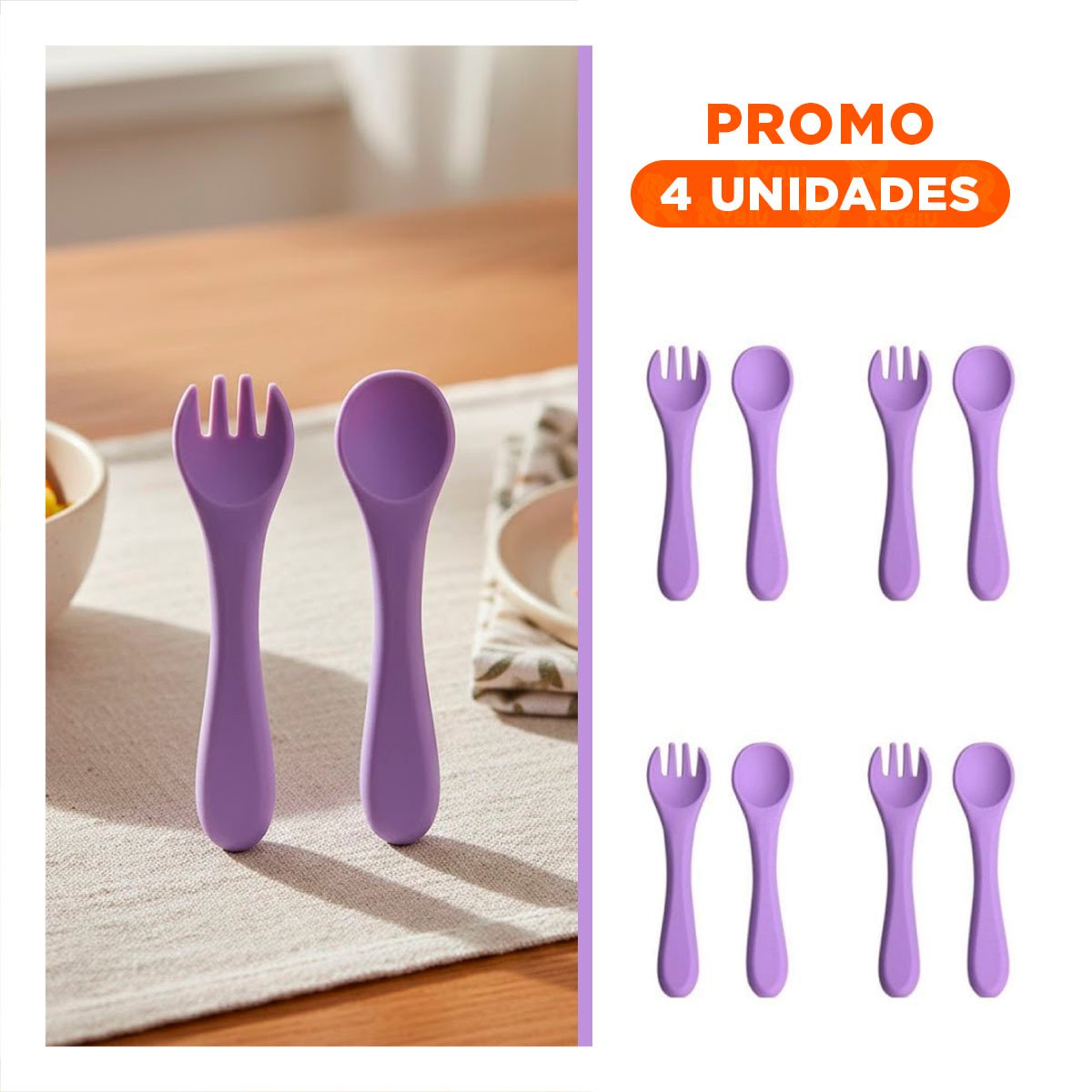 PACK4 JUEGO DE CUBIERTOS EN COLOR MORADO EN SILICONA INFANTIL Y+REGALO STICKER - 1