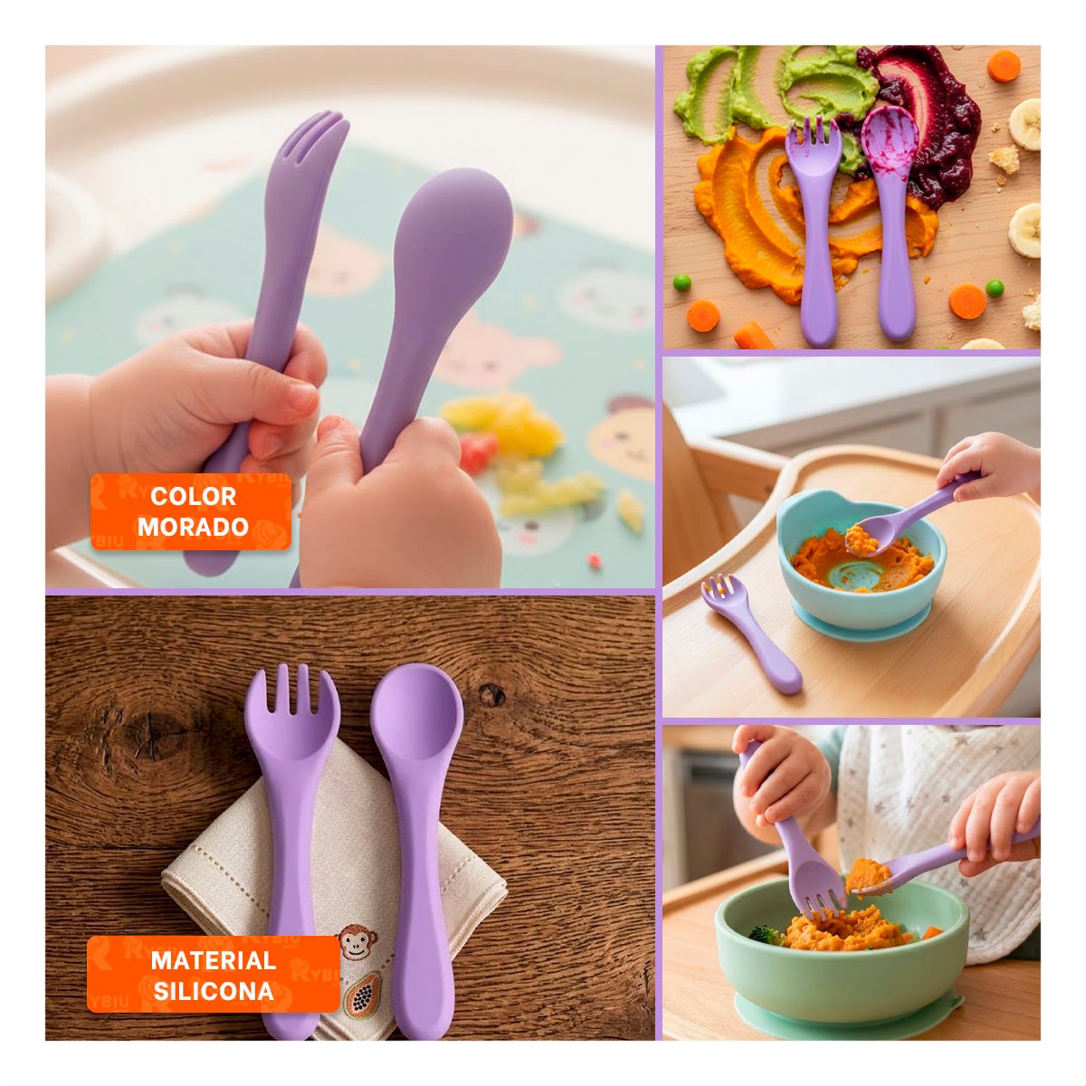 PACK4 JUEGO DE CUBIERTOS EN COLOR MORADO EN SILICONA INFANTIL Y+REGALO STICKER - 2