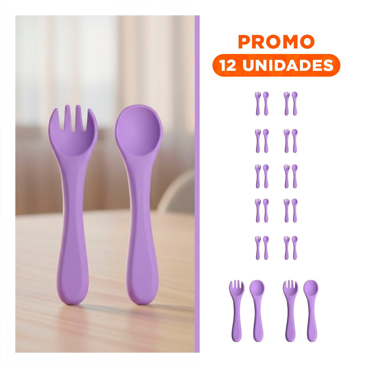 PACK12 KIT DE SILICONA EN COLOR MORADO CON CUCHARA Y TENEDOR Y+REGALO STICKER - 1