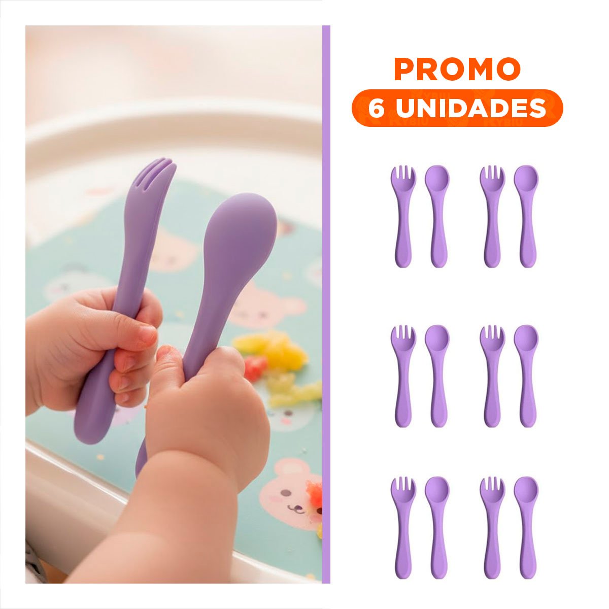 PACK6 CONJUNTO EN COLOR MORADO DE CUCHARA Y TENEDOR EN SILICONA FLEXIBLE - 1