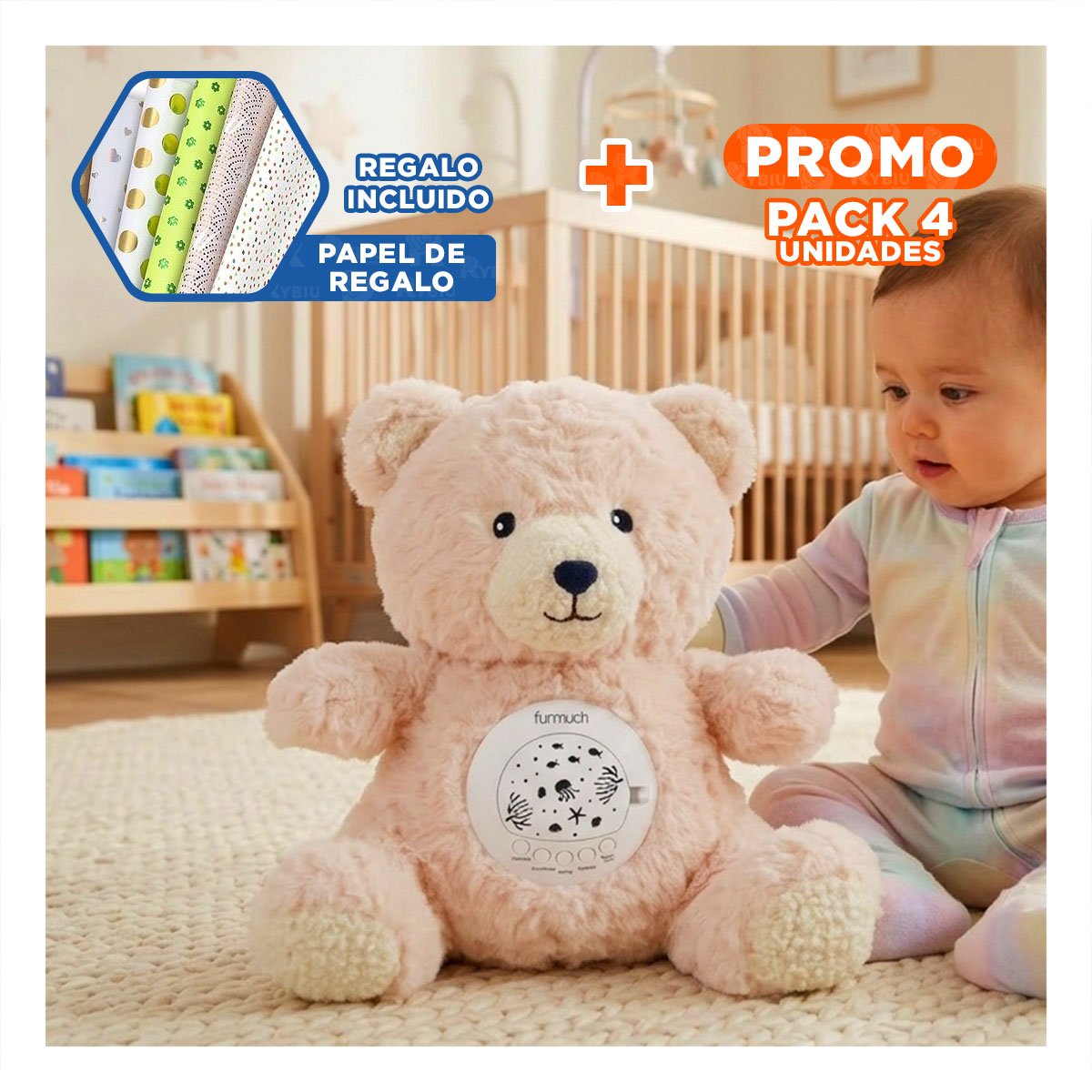 PACK4 FIGURA EN FORMA DE OSO EN COLOR BEIGE CON SISTEMA PROYECTOR Y+PAPEL REGALO - 1