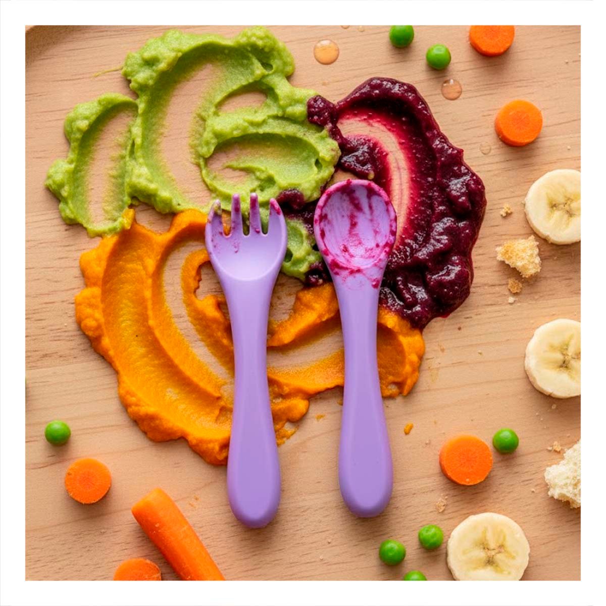 CONJUNTO INFANTIL EN COLOR MORADO CON CUCHARA Y TENEDOR MATERIAL SILICONA Y+POST IT - 2