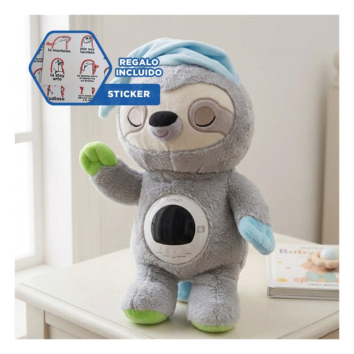 MUNECO EN FORMA DE OSO PEREZOSO CON PROYECTOR DECORATIVO Y SONIDO COLOR PLOMO Y+REGALO STICKER - 1
