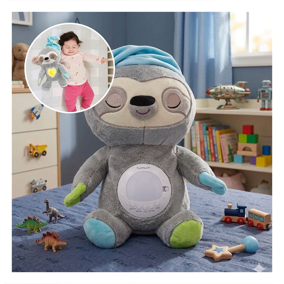 MUNECO EN FORMA DE OSO PEREZOSO CON PROYECTOR DECORATIVO Y SONIDO COLOR PLOMO Y+REGALO STICKER - 5