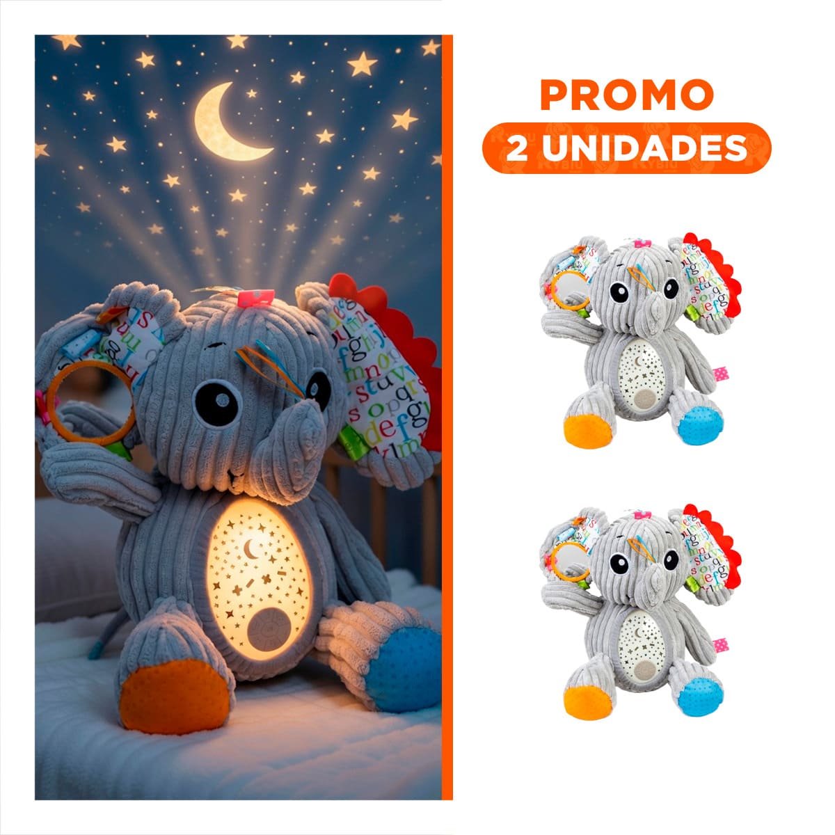 PACK2 PELUCHE EN FORMA DE ELEFANTE CON SONIDO AMBIENTAL Y PROYECTOR EN COLOR PLOMO - 1