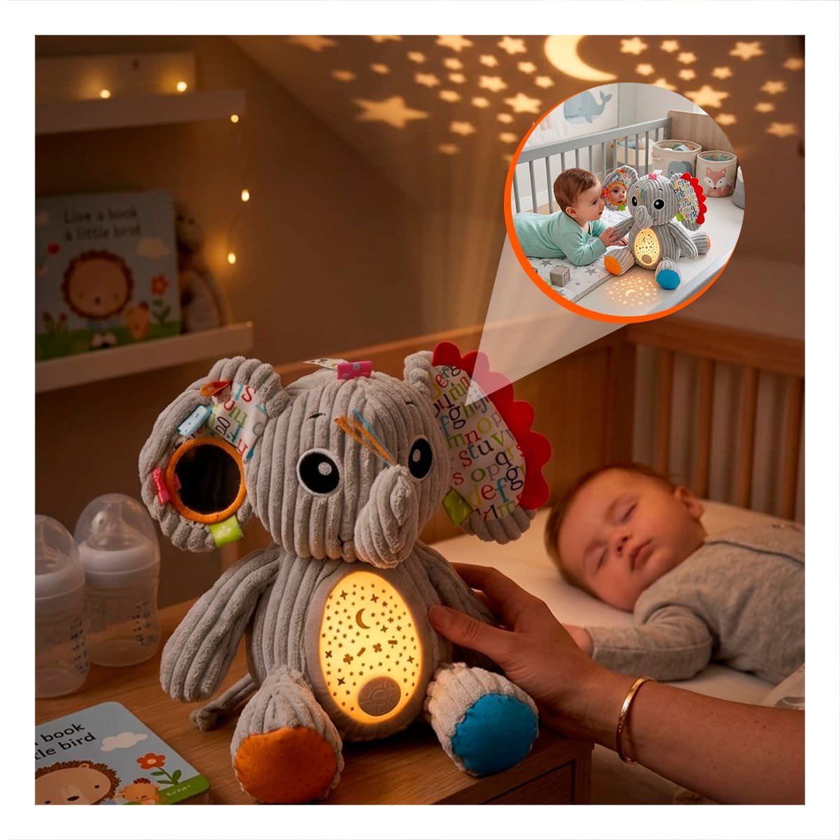 PACK2 PELUCHE EN FORMA DE ELEFANTE CON SONIDO AMBIENTAL Y PROYECTOR EN COLOR PLOMO - 5