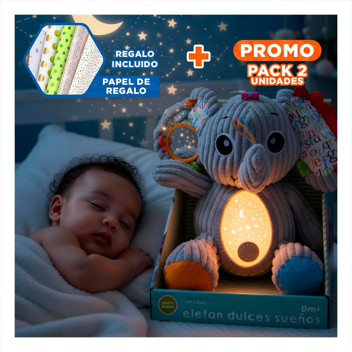 PACK2 FIGURA SUAVE EN FORMA DE ELEFANTE EN COLOR PLOMO CON PROYECTOR Y+PAPEL REGALO - 1