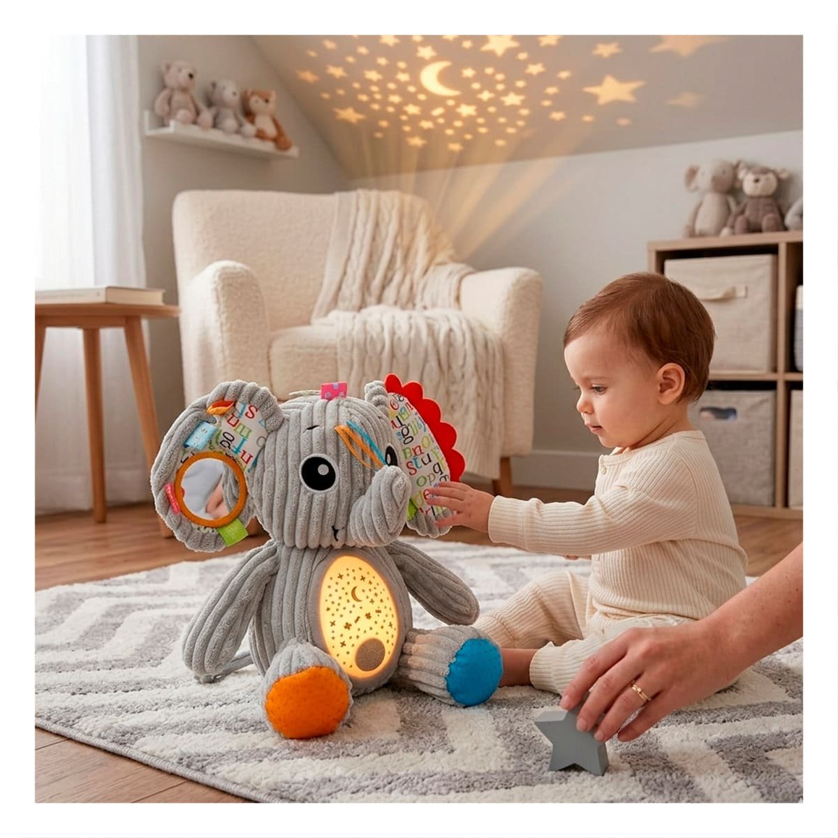 PACK2 FIGURA SUAVE EN FORMA DE ELEFANTE EN COLOR PLOMO CON PROYECTOR Y+PAPEL REGALO - 5