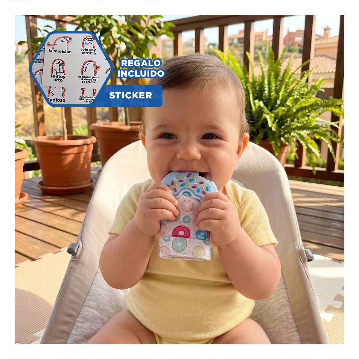 MORDEDOR EN FORMA FORMA DE DONA EN COLOR CELESTE PARA ESTIMULACION Y+REGALO STICKER - 1