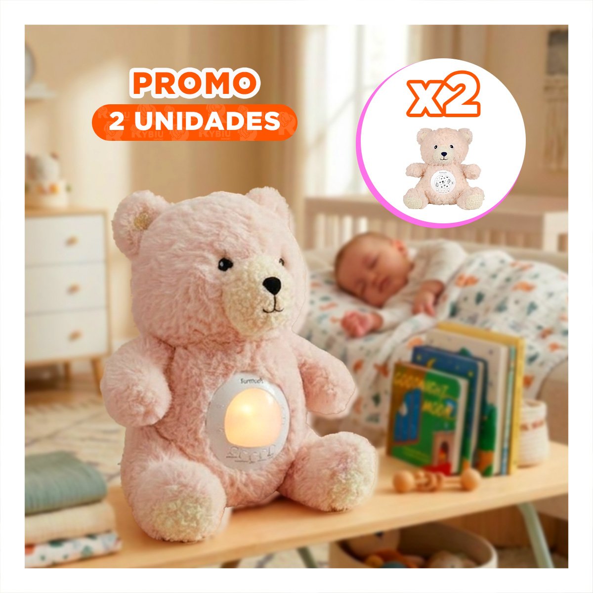 PACK2 PELUCHE EN FORMA DE OSO BEIGE CON PROYECCION DE LUZ Y SONIDO CALMANTE Y+REGALO STICKER - 1
