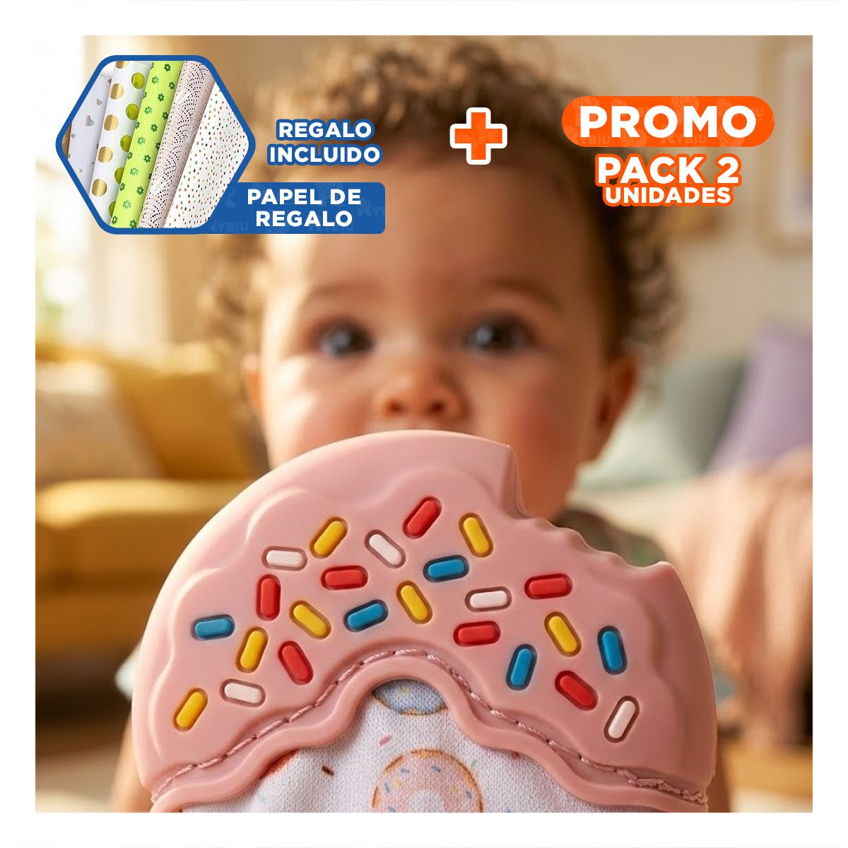 PACK2 GUANTE EN COLOR ROSADO EN FORMA DE DONA CON FUNCION MORDEDOR Y+PAPEL REGALO - 1