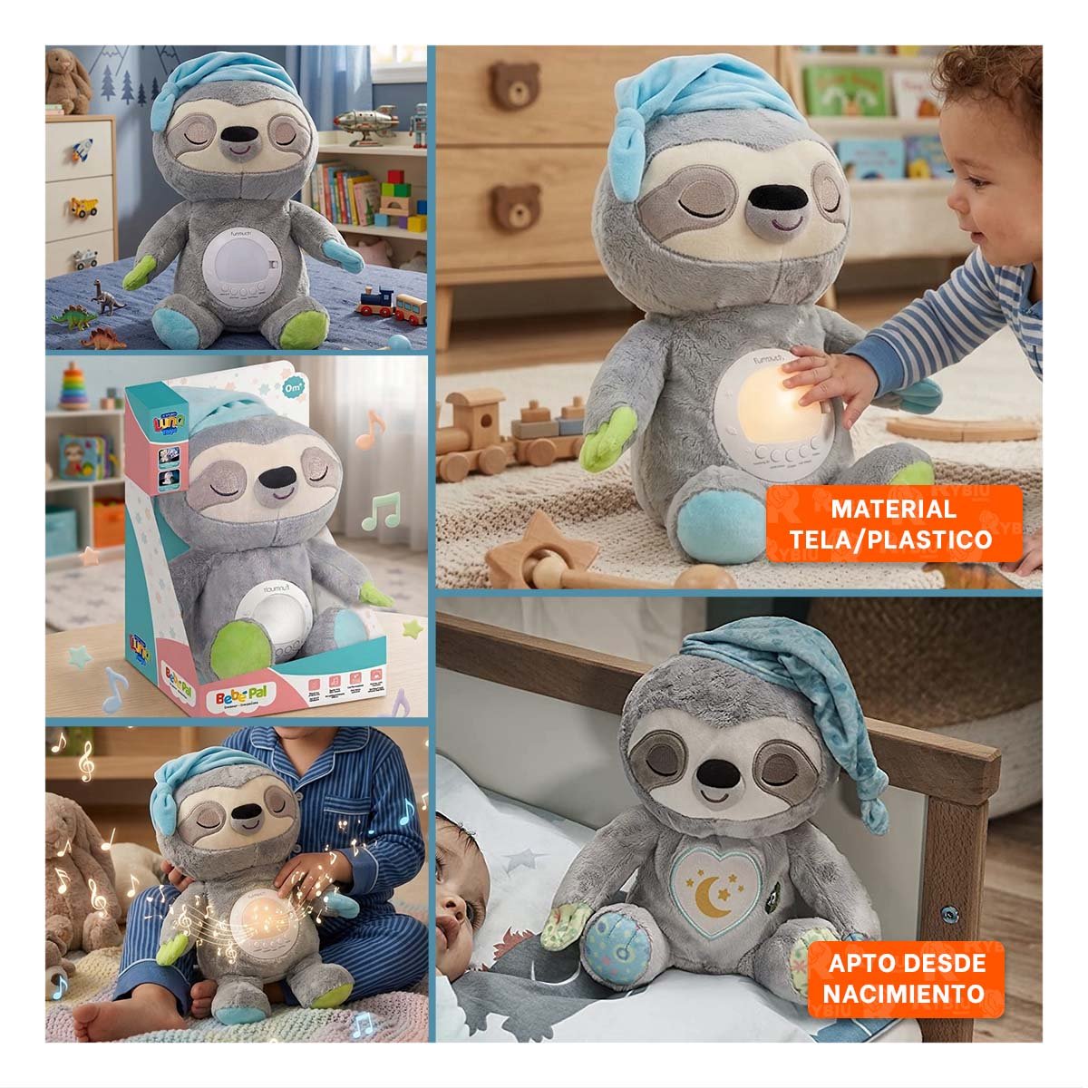 MUNECO DE EN FORMA DE OSO PEREZOSO CON PROYECTOR NOCTURNO Y SONIDO EN COLOR PLOMO - 5