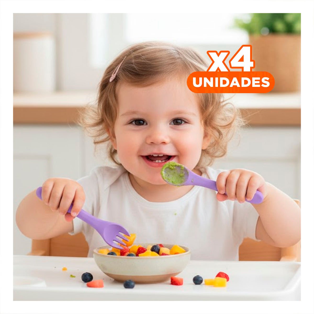 PACK4 SET INFANTIL EN COLOR MORADO CON CUCHARA Y TENEDOR FABRICADOS EN SILICONA - 1