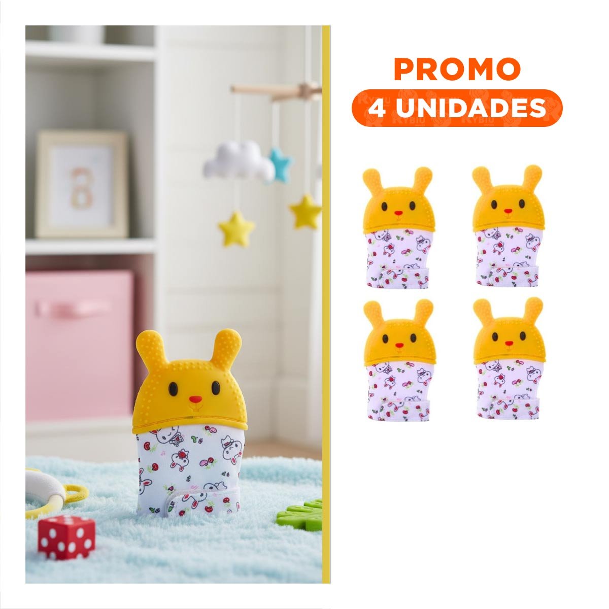 PACK4 ACCESORIO EN COLOR AMARILLO FORMA FORMA DE CONEJO TIPO MORDEDOR SUAVE Y+REGALO STICKER - 1