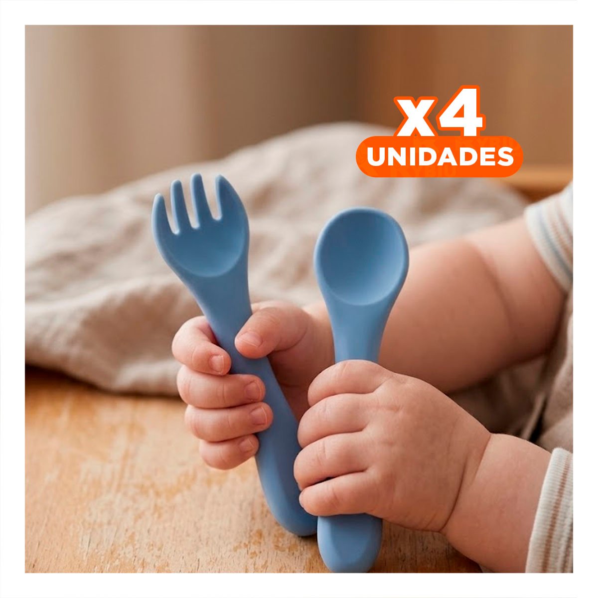 PACK4 SET INFANTIL EN COLOR AZUL CON CUCHARA Y TENEDOR FABRICADOS EN SILICONA - 1