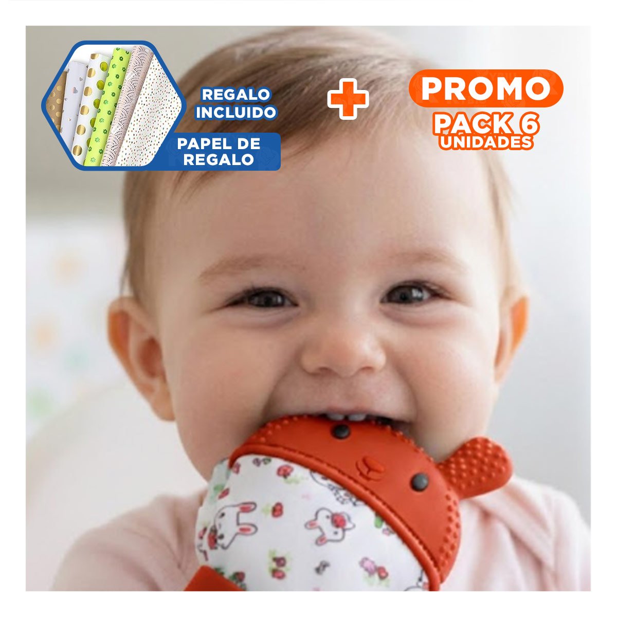 PACK6 MANOPLA MORDEDORA EN FORMA DE CONEJO EN COLOR NARANJA INFANTIL Y+PAPEL REGALO - 1