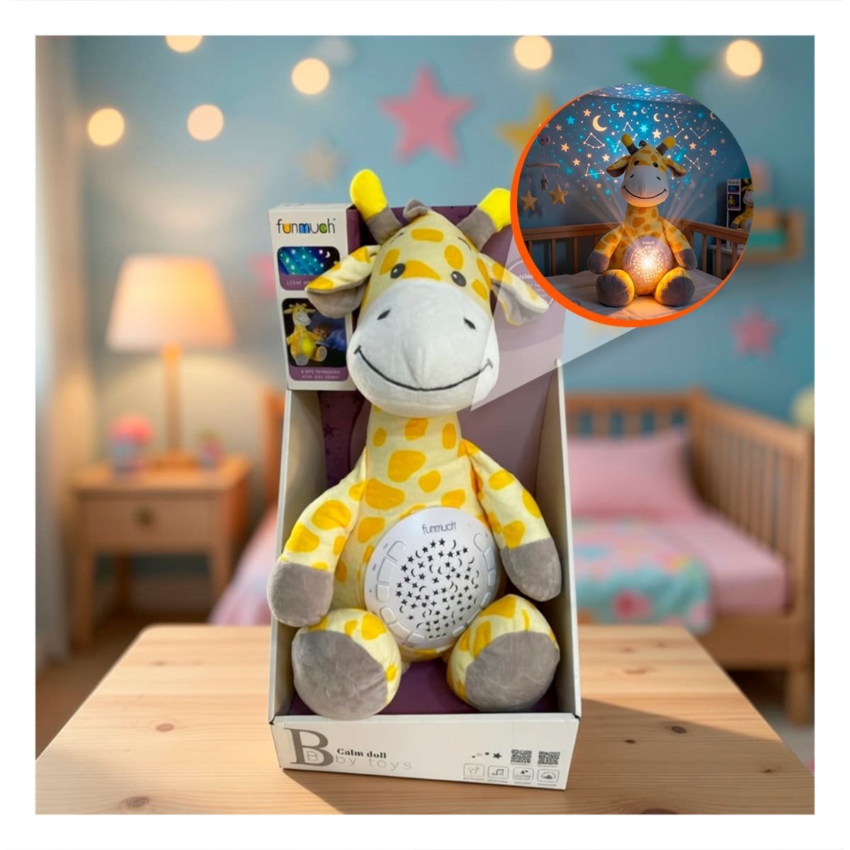 MUNECO EN FORMA DE JIRAFA CON PROYECTOR DECORATIVO Y SONIDO EN COLOR AMARILLO Y+REGALO STICKER - 5
