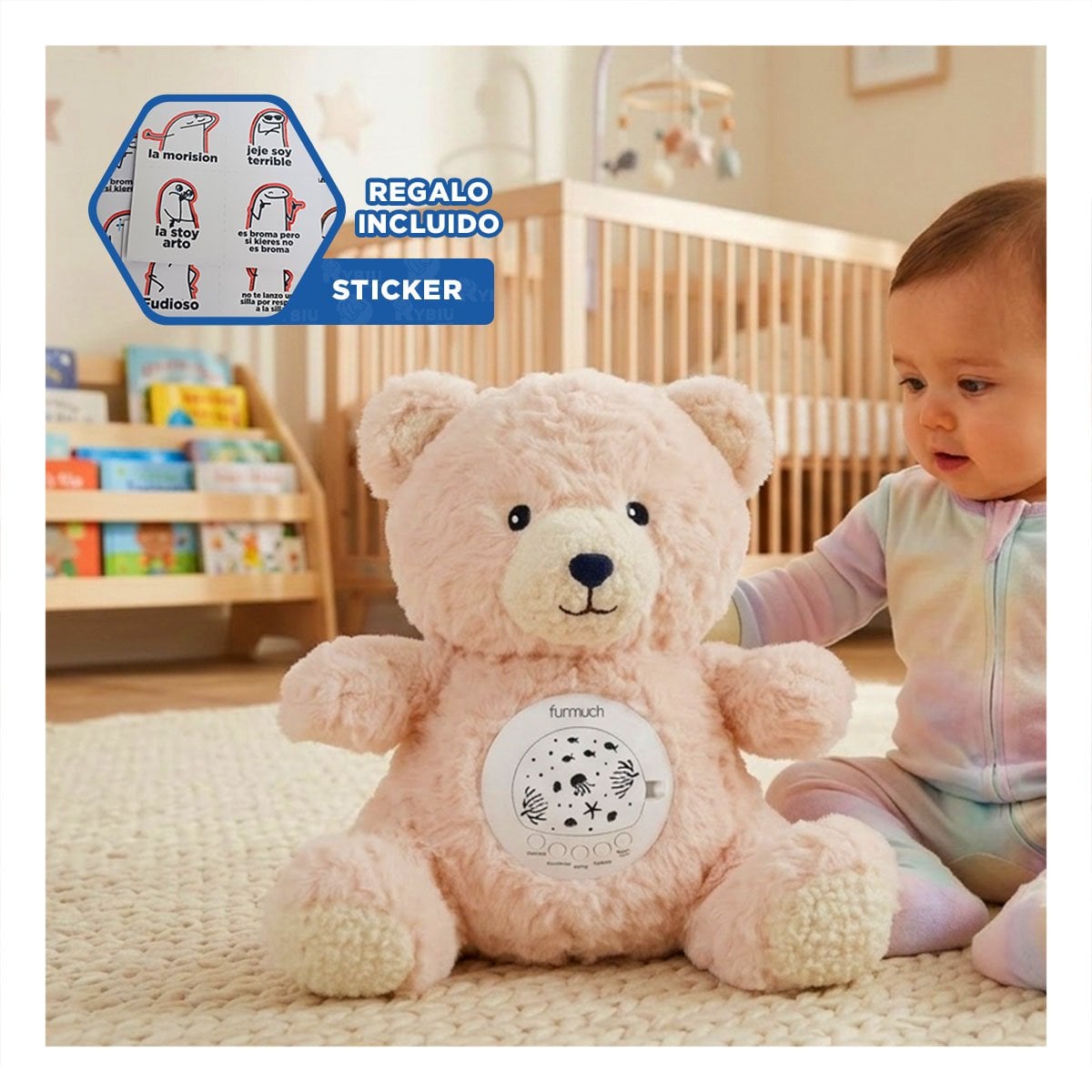 MUNECO EN FORMA DE OSO CON PROYECTOR DECORATIVO Y SONIDO EN COLOR BEIGE Y+REGALO STICKER - 1