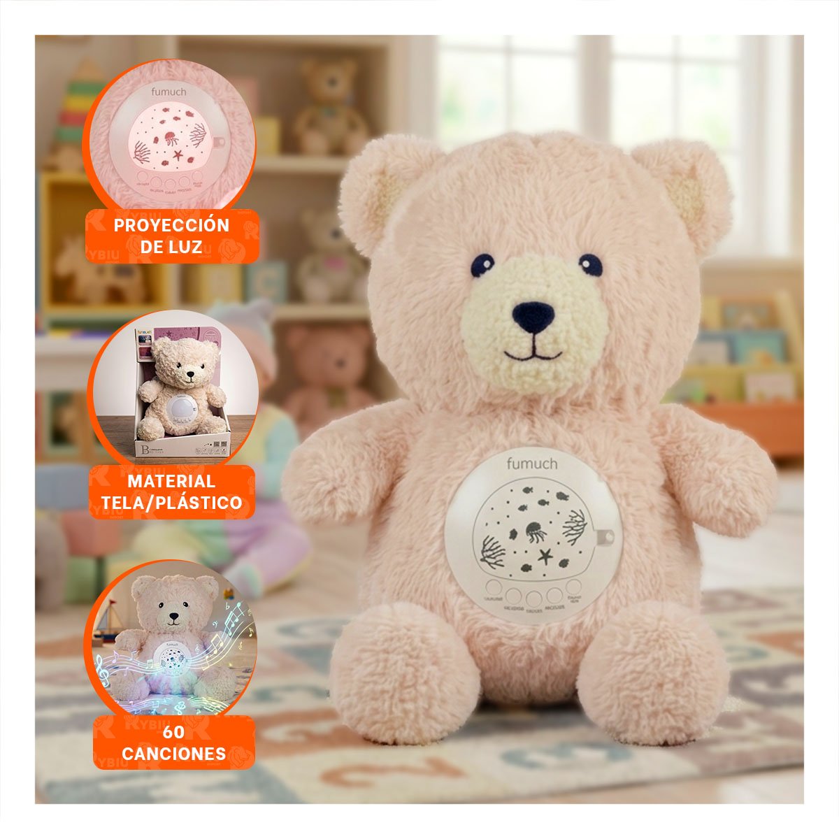 MUNECO EN FORMA DE OSO CON PROYECTOR DECORATIVO Y SONIDO EN COLOR BEIGE Y+REGALO STICKER - 2