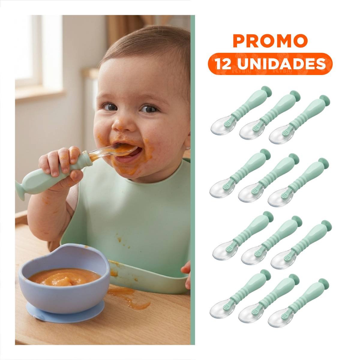 PACK12 JUEGO DE ALIMENTACION VERDE AGUA CON 2 CUCHARAS Y SISTEMA VENTOSA Y+REGALO STICKER - 1