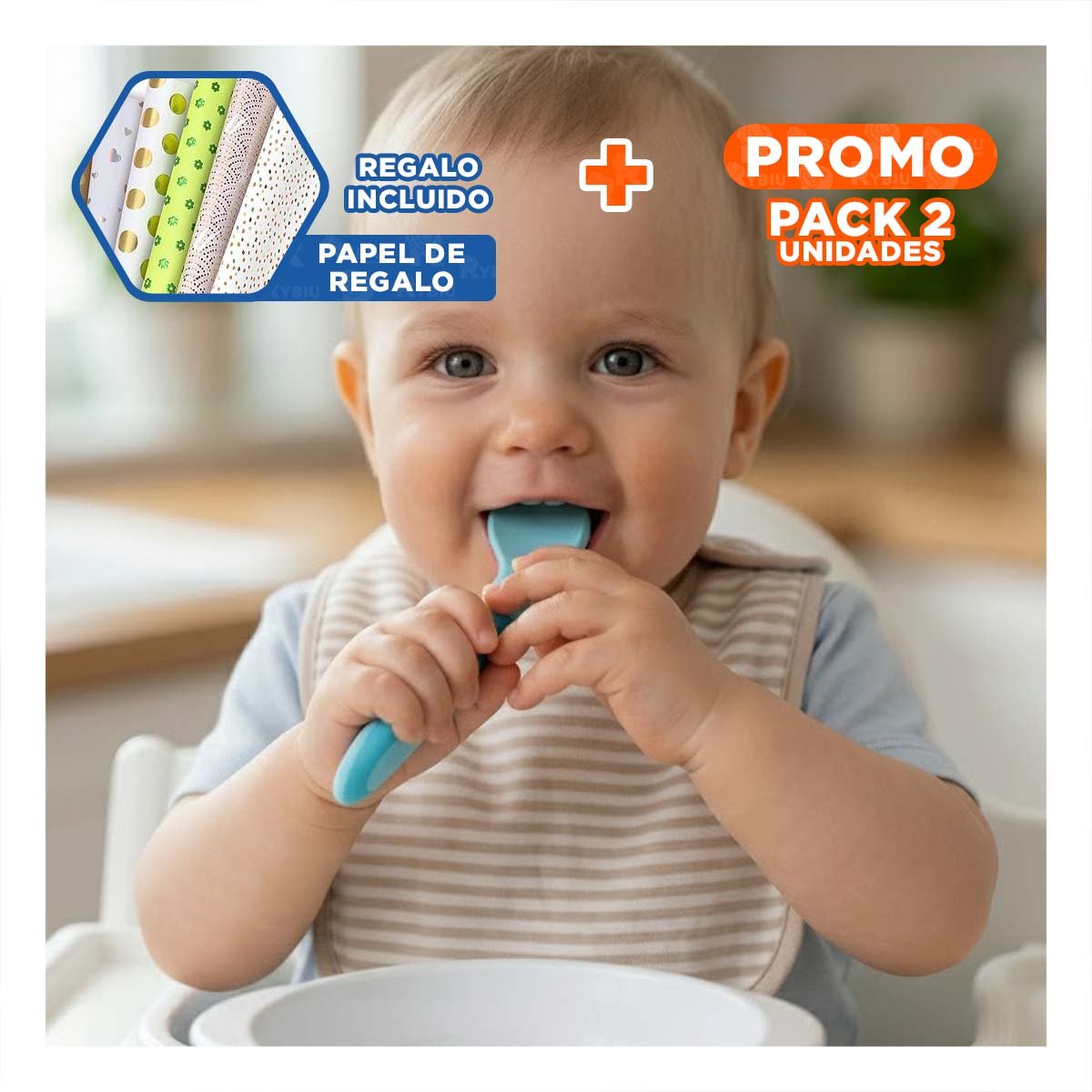 PACK2 CUCHARA ROJA DE SILICONA CON MANGO ERGONOMICO PARA ALIMENTACION INFANTIL Y+PAPEL REGALO - 1