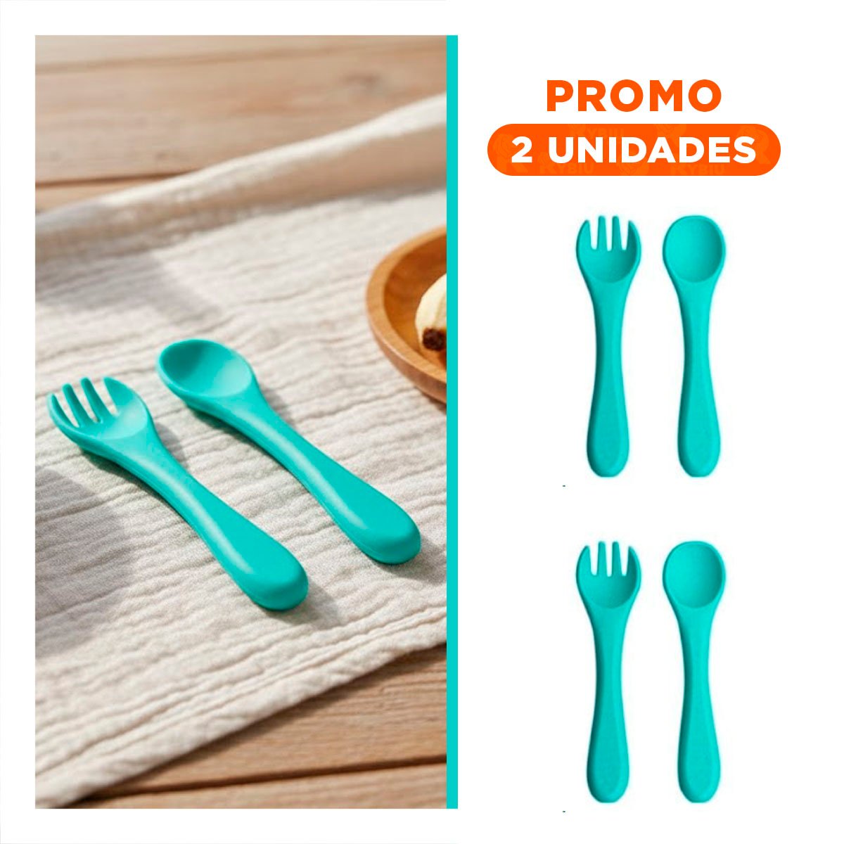 PACK2 SET EN COLOR VERDE CON CUCHARA Y TENEDOR DE SILICONA PARA ALIMENTACION SEGURA - 1