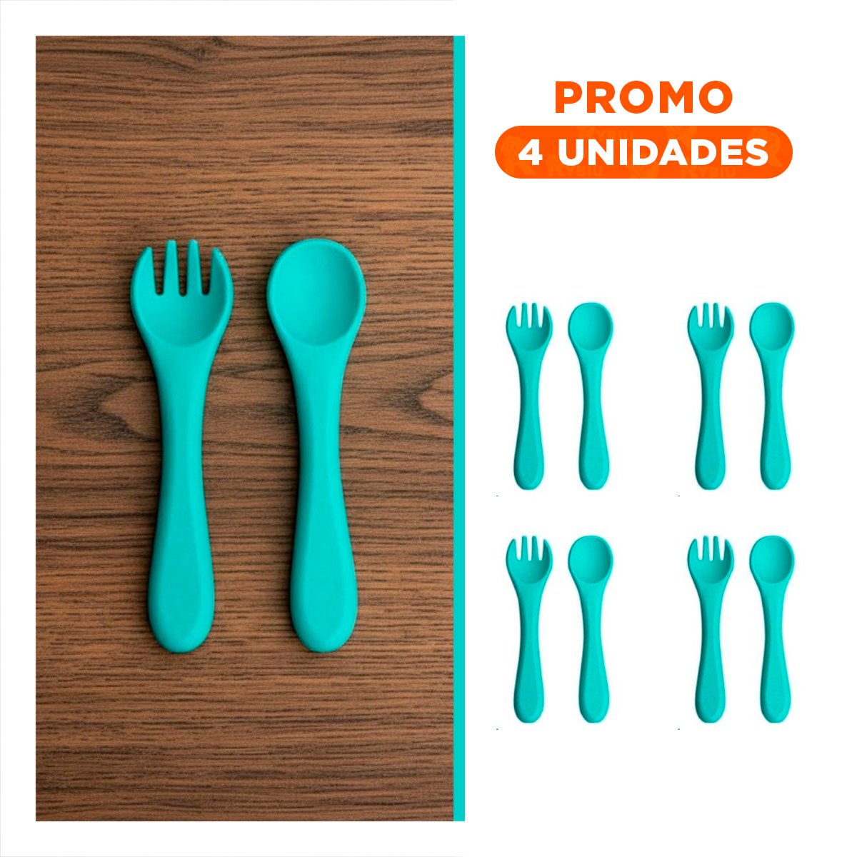PACK4 JUEGO DE CUBIERTOS EN COLOR VERDE EN SILICONA INFANTIL Y+REGALO STICKER - 1