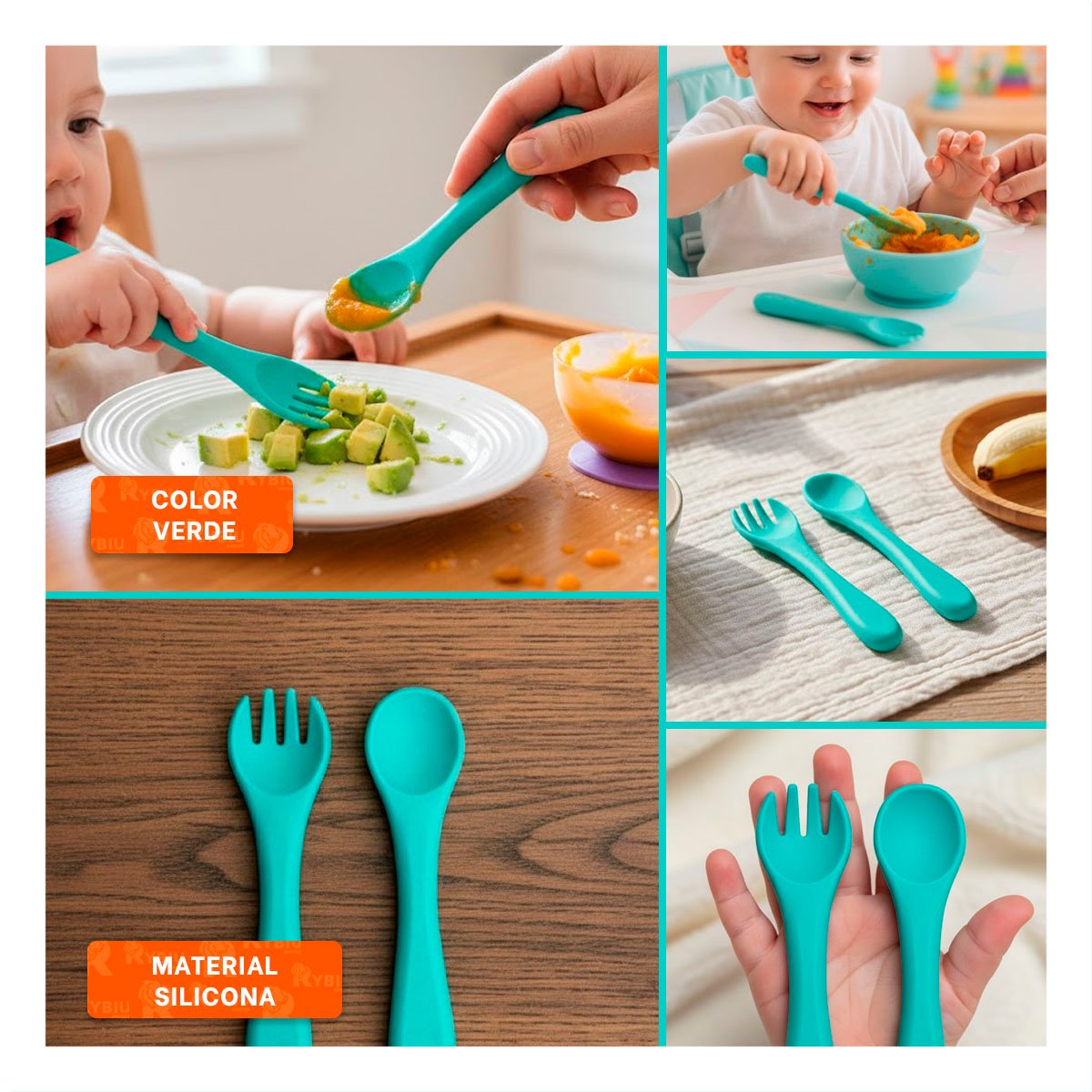 PACK4 JUEGO DE CUBIERTOS EN COLOR VERDE EN SILICONA INFANTIL Y+REGALO STICKER - 2