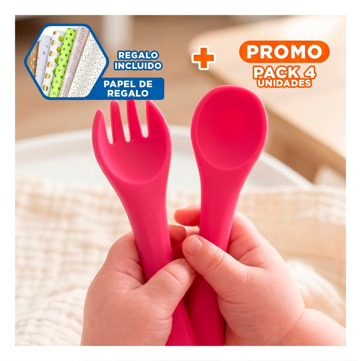 PACK4 JUEGO DE ALIMENTACION EN COLOR ROSADO CON CUCHARA Y TENEDOR SILICONA Y+PAPEL REGALO - 1